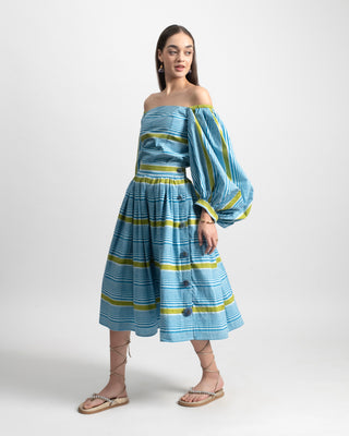 Riviera Nautical Stripe Midi Skirt in Cotton Poplin