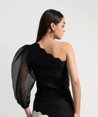 Dueñas Scallop One-Shoulder Toga Top in Silk Organza
