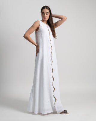 Marina Sleeveless Scallop Maxi Dress in Linen