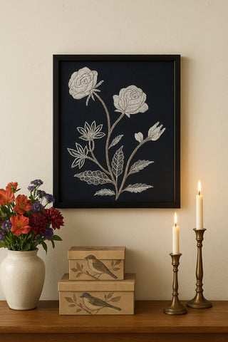 Midnight Bloom – Hand-Embroidered Wall Art