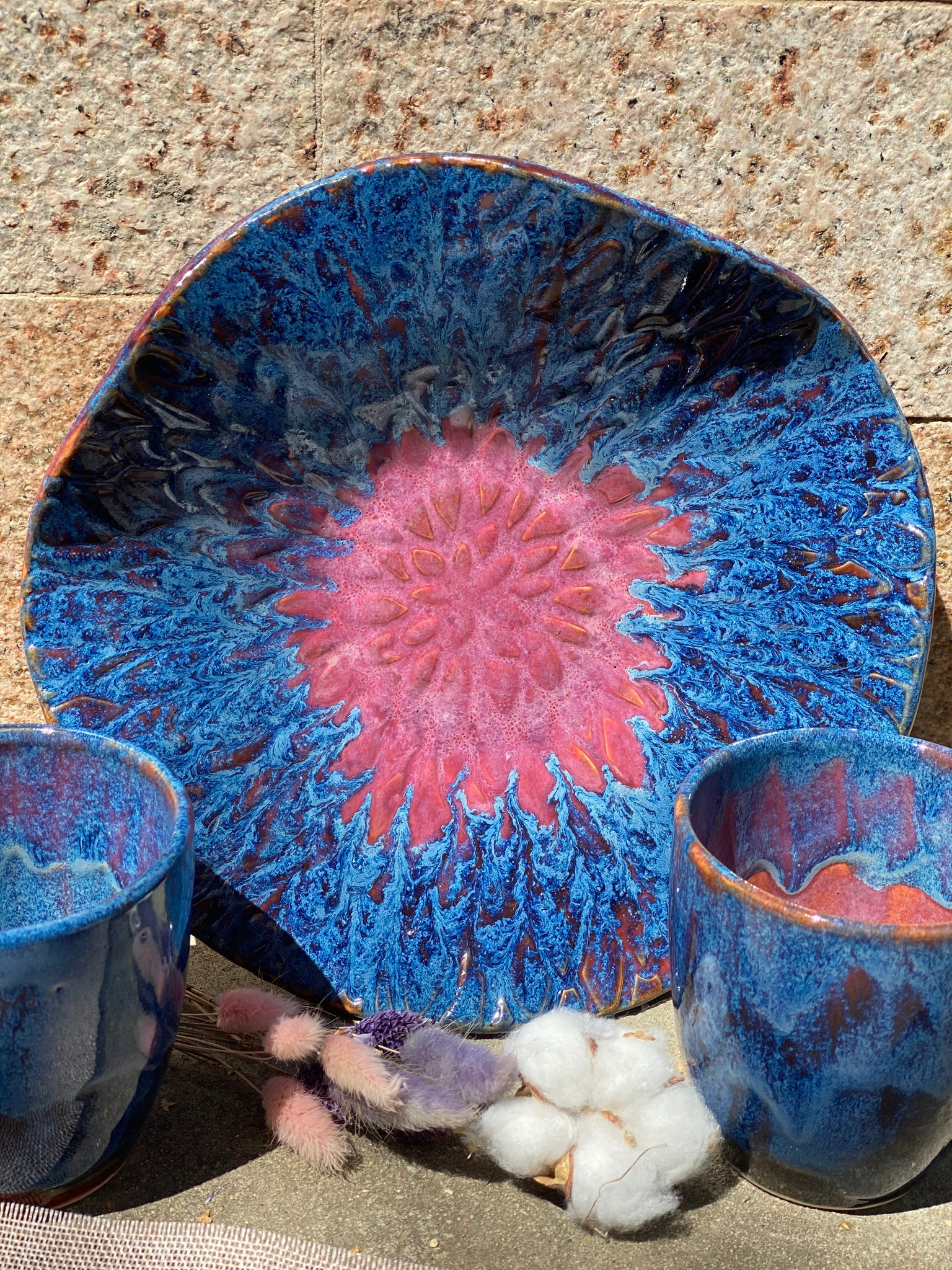 Violet Set of Glazed Ceramic Dishes and Mugs