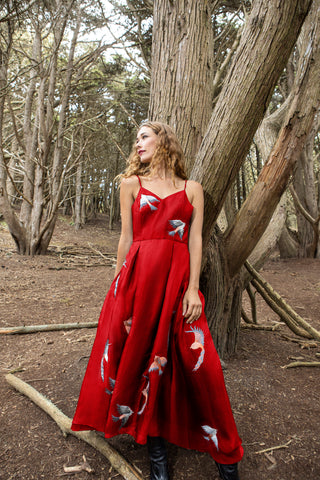 Long Embroidered Red Silk Dress