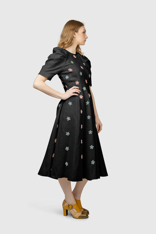 Floral Shower Embroidered Linen Black Dress