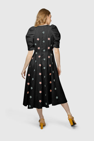 Floral Shower Embroidered Linen Black Dress