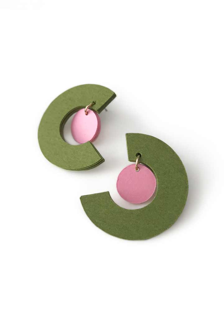 Post Dangle Circular Green and Pink Earring