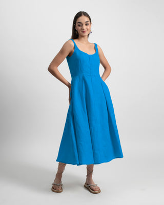 Aswan Scallop Pleated Midi Dress in Linen