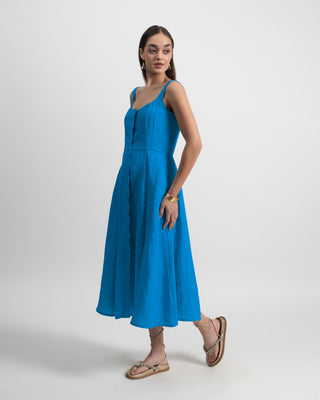 Aswan Scallop Pleated Midi Dress in Linen