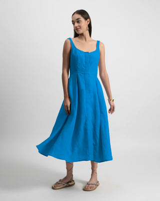 Aswan Scallop Pleated Midi Dress in Linen