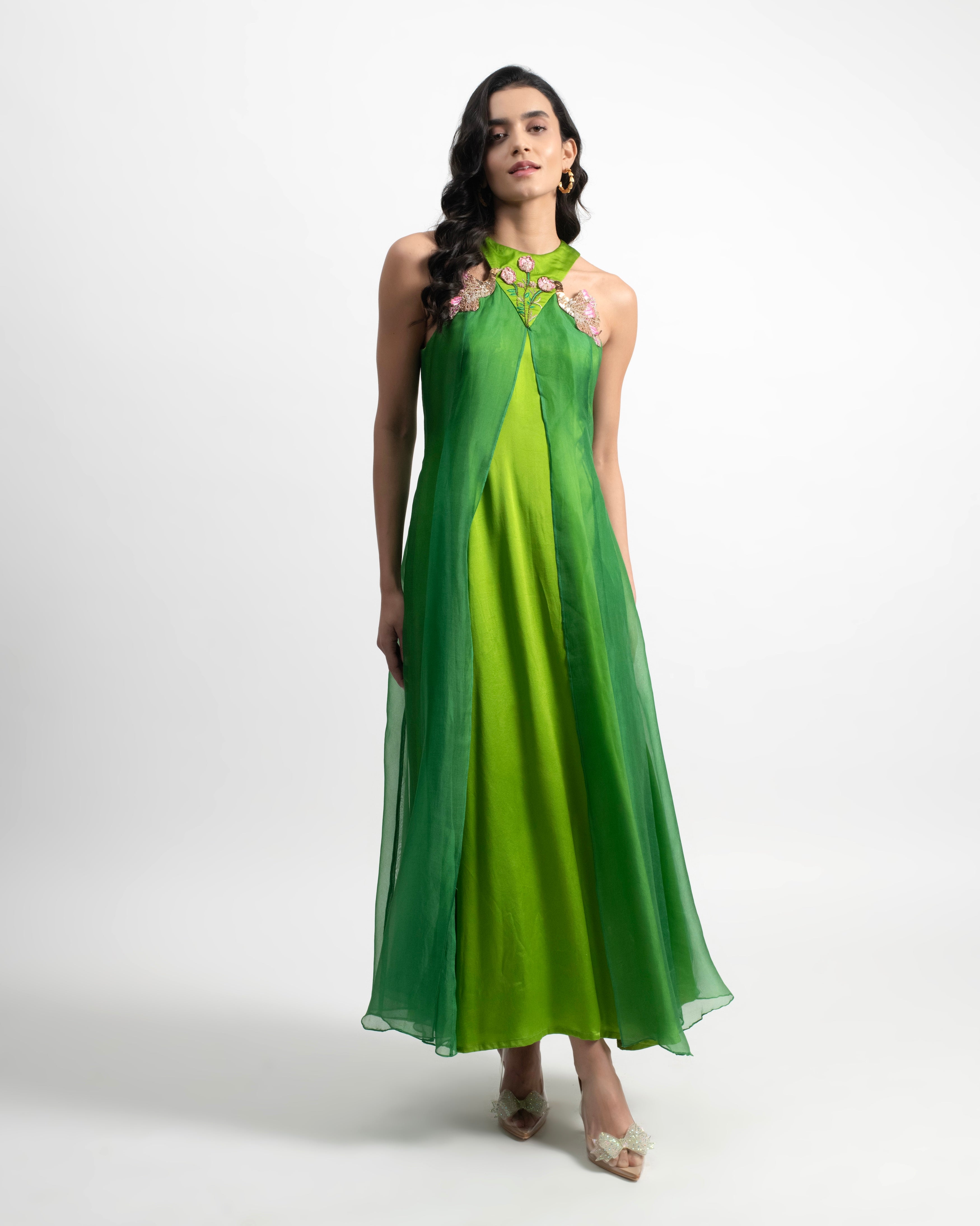 Naya Halter Maxi Dress in Silk Satin & Organza M