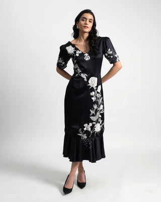 Midnight Bloom Fluted Midi Dress in Silk Satin