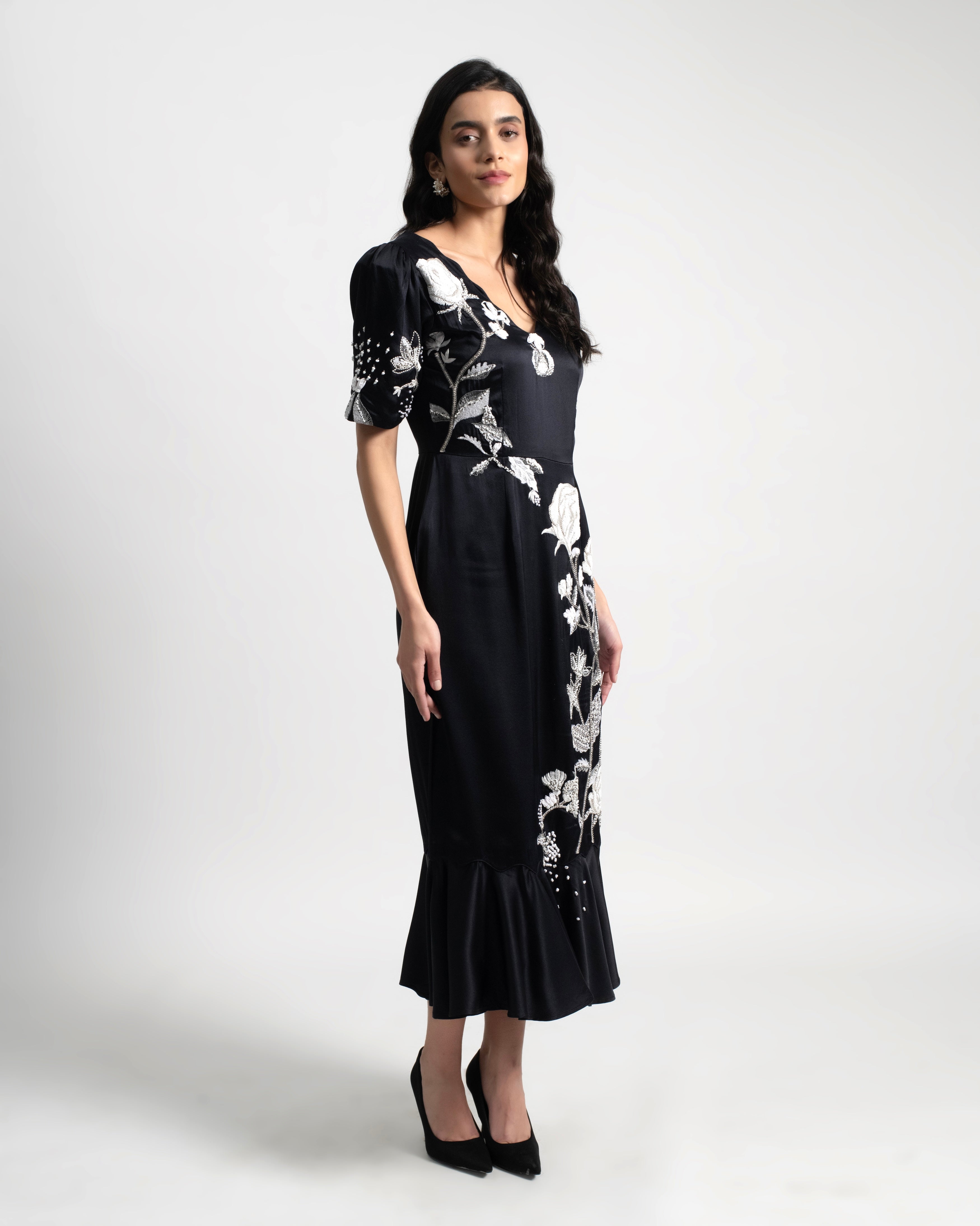 fluted midi dress Olive Warehouse Satin Lace Insert Flute Sleeve Midi Dress