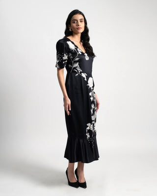 Midnight Bloom Fluted Midi Dress in Silk Satin