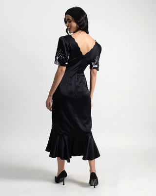 Midnight Bloom Fluted Midi Dress in Silk Satin