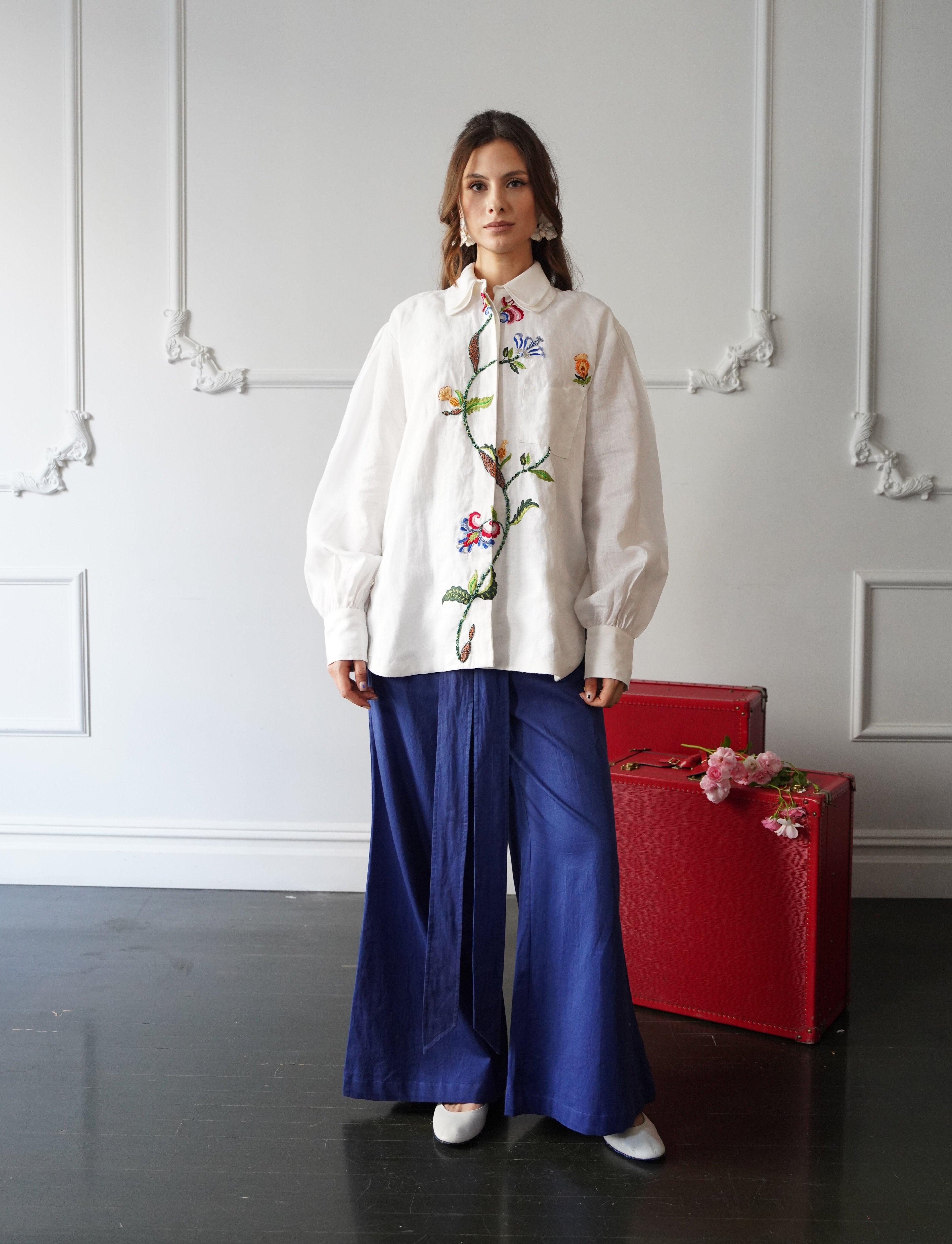 Double Collar Linen Embroidered Shirt