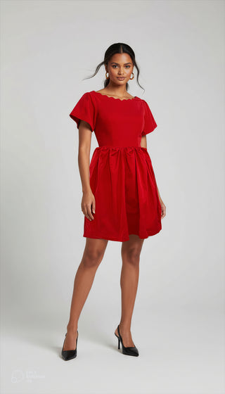 Red Scalloped Petal Dress in Cotton Satin