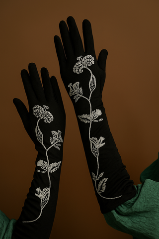 Embroidered Black velvet Gloves