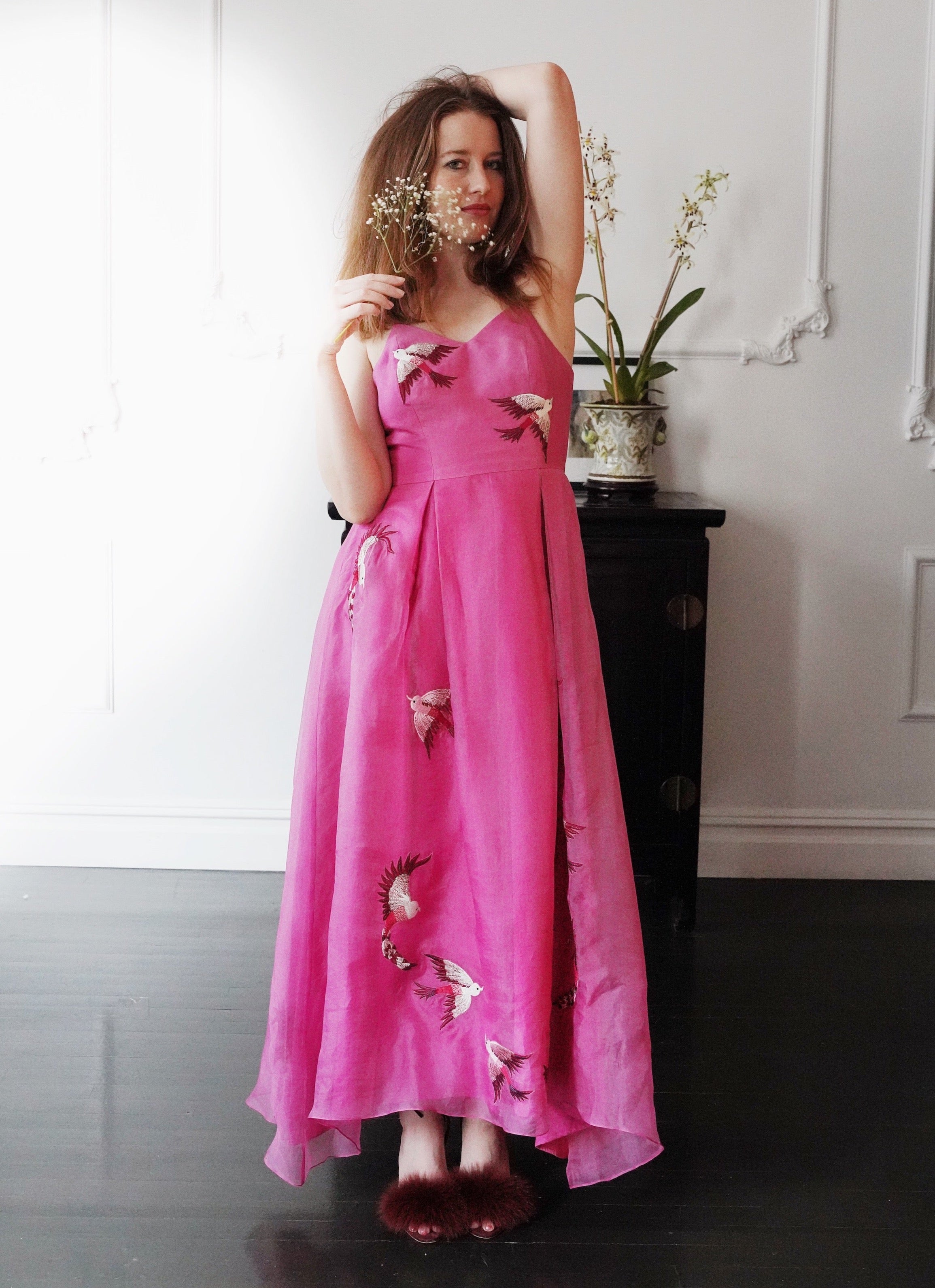 Pink Embroidered Silk Organza Wedding Guest Dress XS Pink Embroidered Silk Organza Wedding Guest Dress XS
