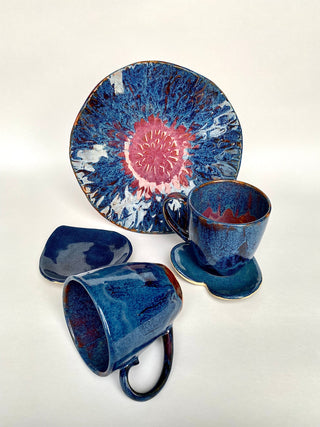 Violet Set of Glazed Ceramic Dishes and Mugs