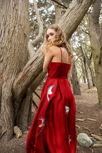 Red Embroidered Full Length Silk Dress