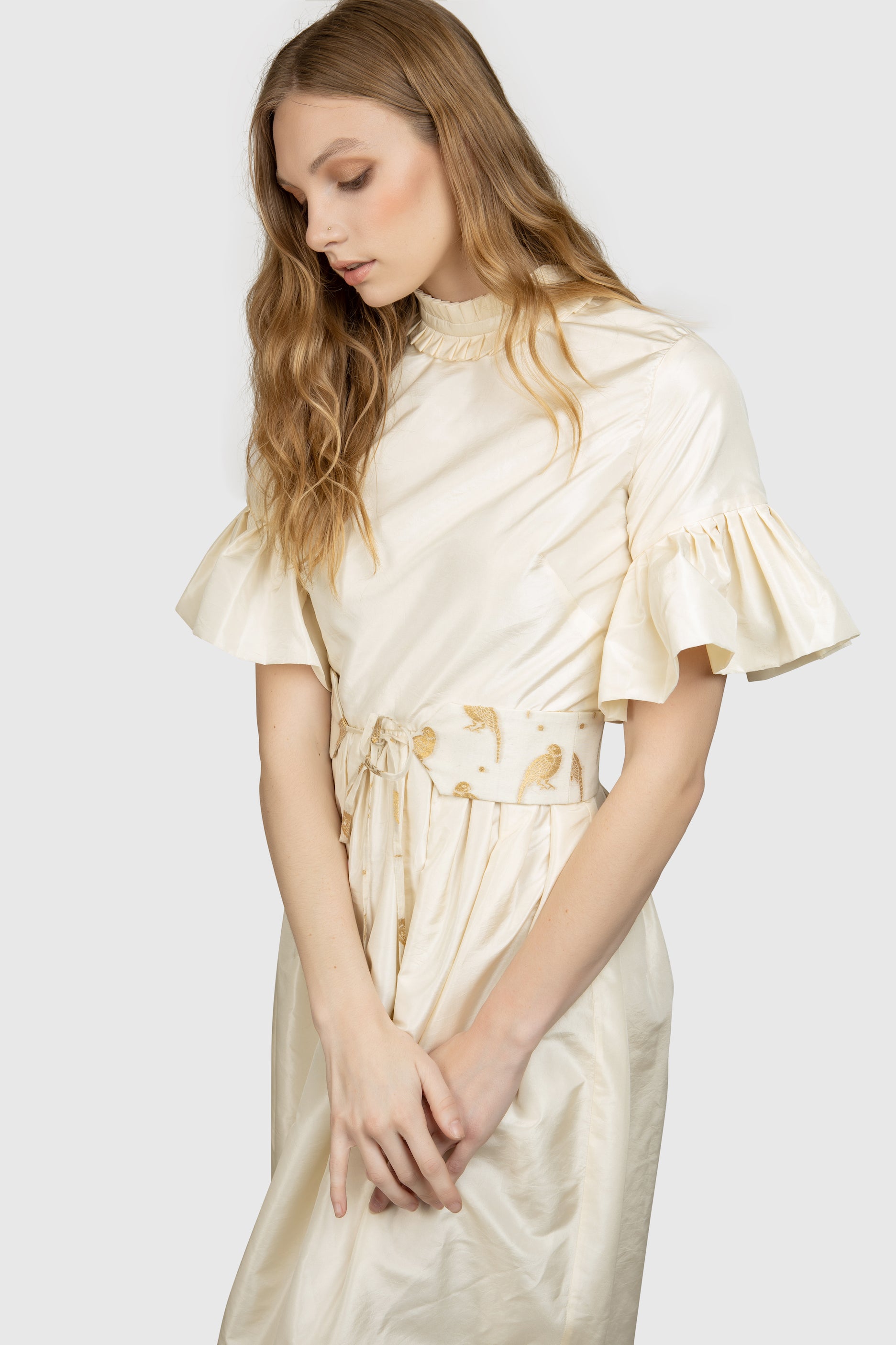 high neck silk midi dress ASOS DESIGN satin high neck pleated bodice midi dress in olive green