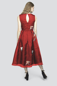 Red Silk Dress with Embroidered Birds