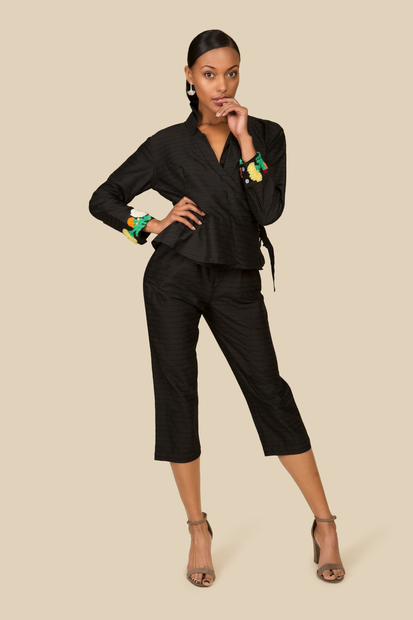 Black cotton wrap top with cuff embroidery - AGAATI
