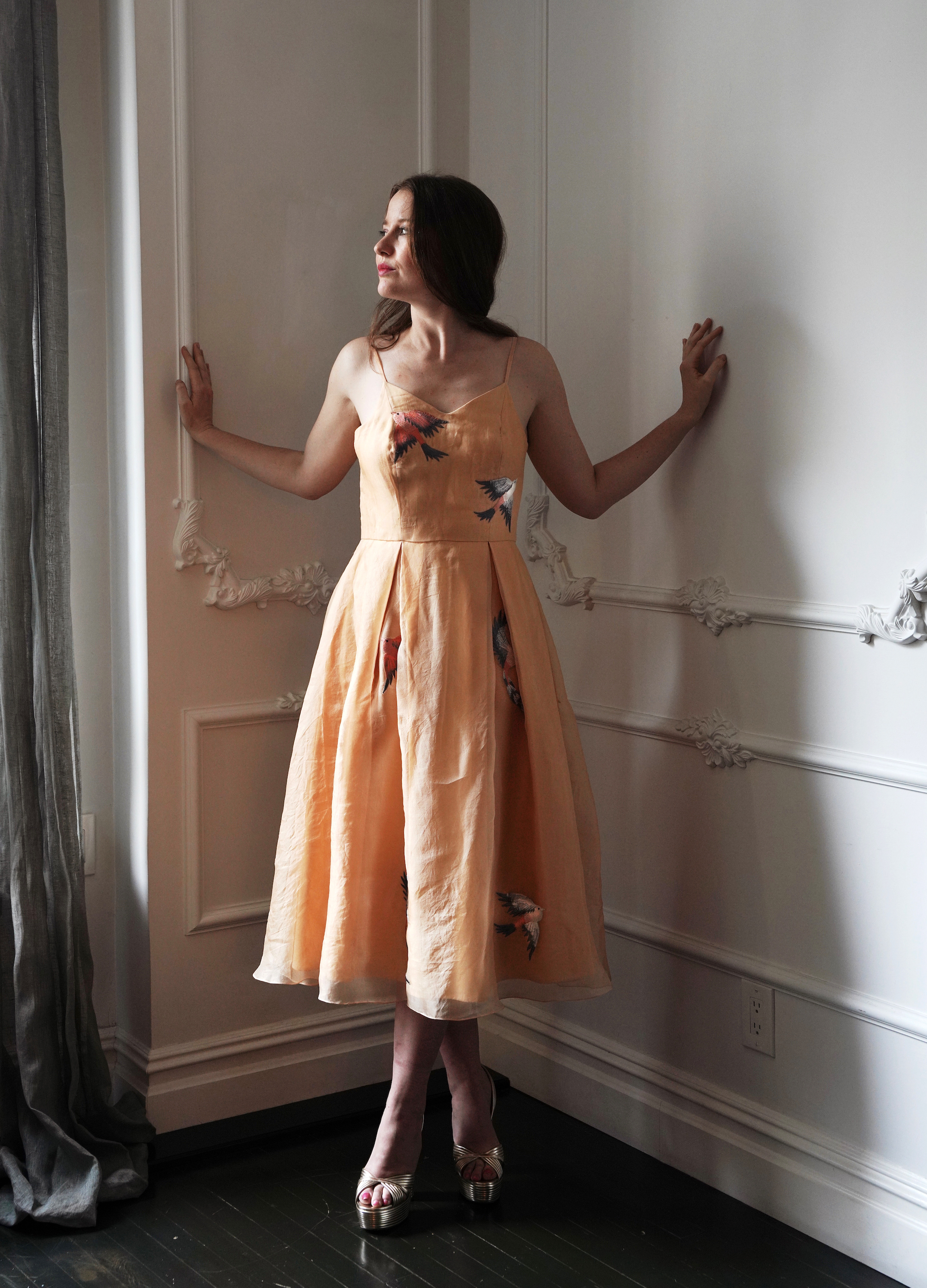 Bird Embroidered Silk Organza Wedding Guest Dress L - 10 Bird Embroidered Silk Organza Wedding Guest Dress L - 10