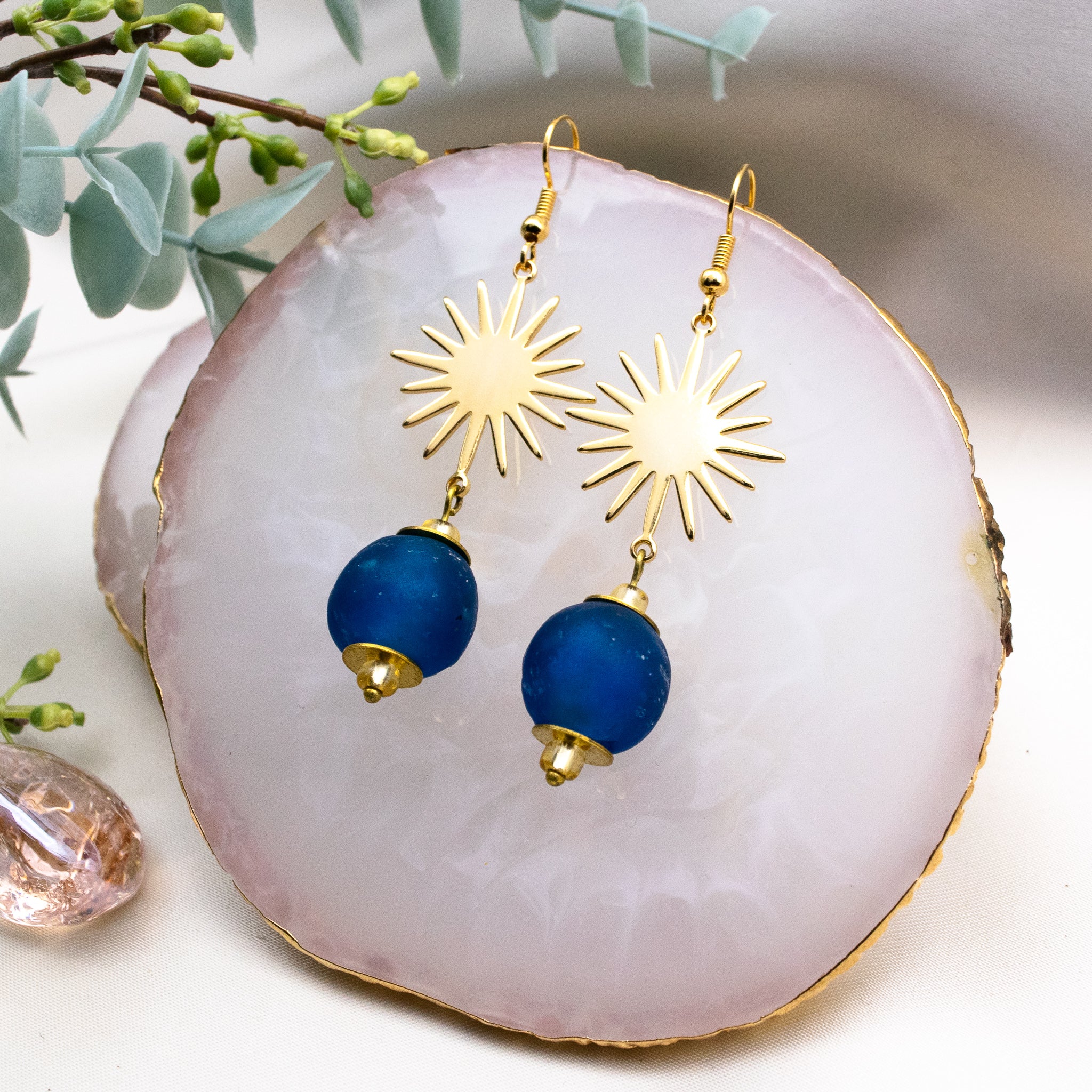 Drop Blue Recycled Glass Bead Dangle Earrings