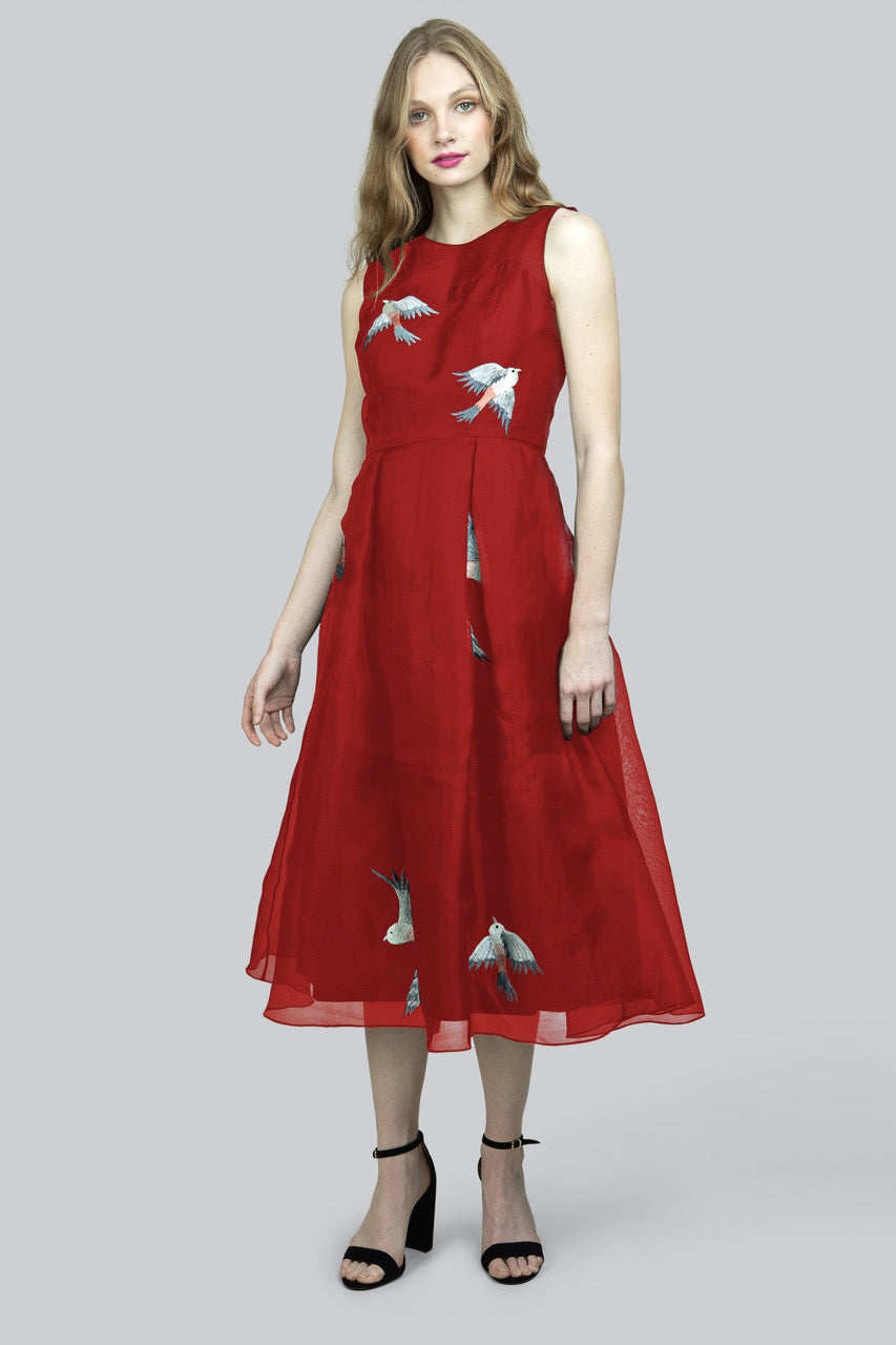 Red Silk Dress with Embroidered Birds