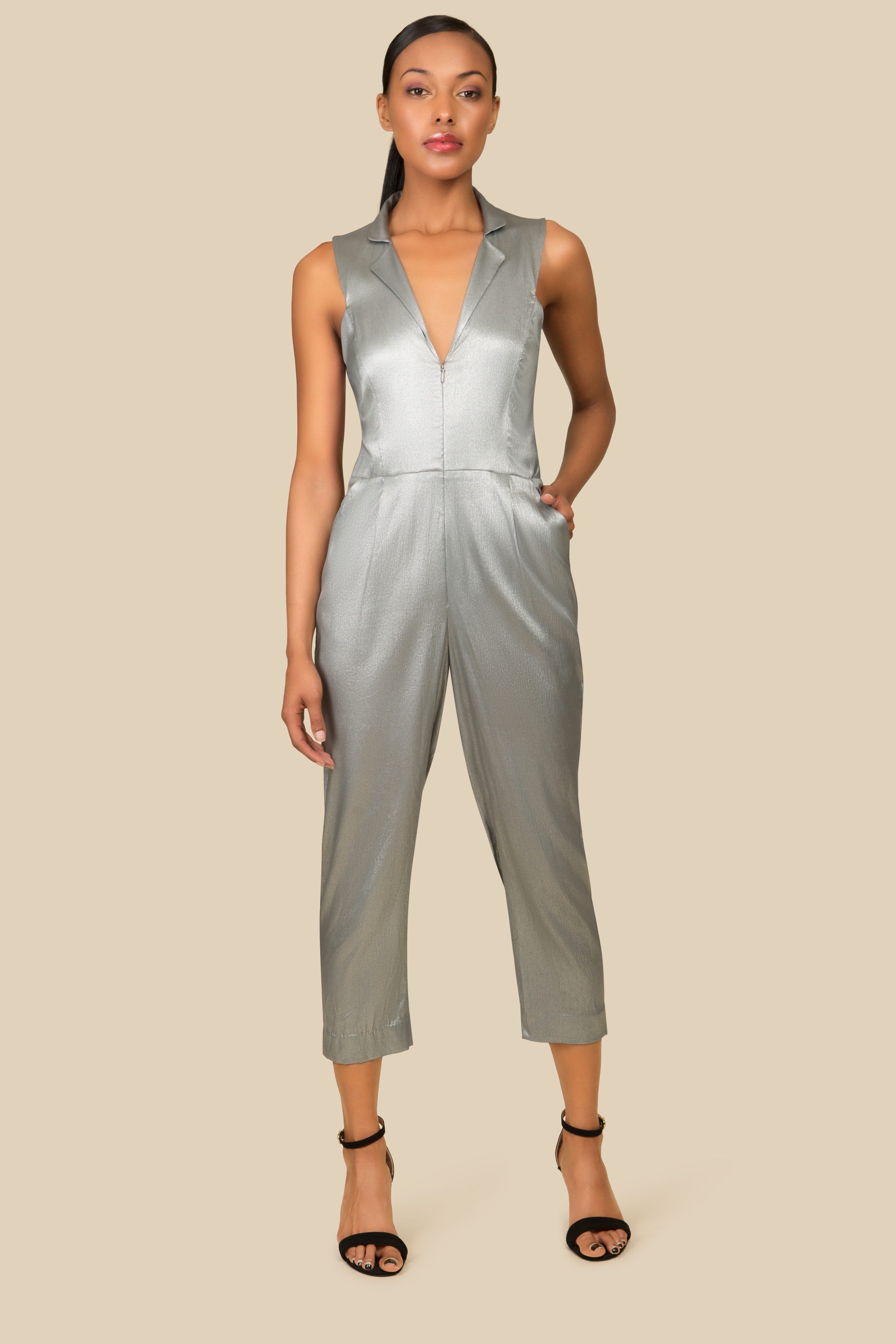 Silver Silk Jumpsuit with front zipper AGAATI