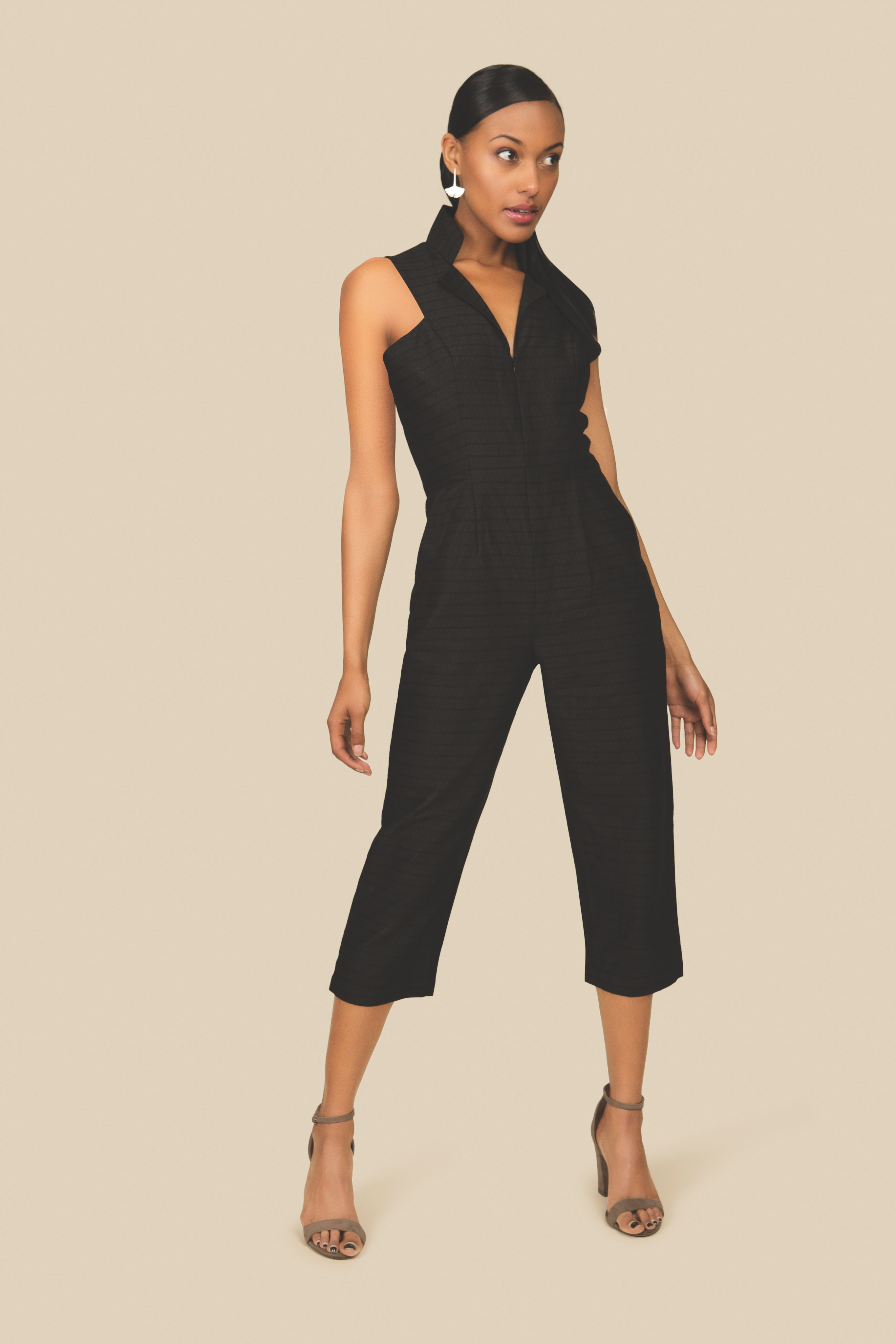 All Day Black Cotton Jumpsuit with Front Zipper