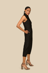 All Day Black Cotton Jumpsuit with Front Zipper - AGAATI