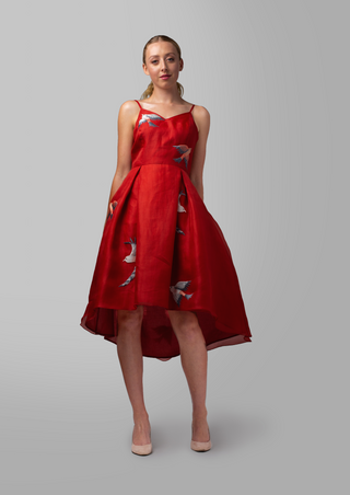 Fly Me Away Bird Embroidered Silk Dress Red / Custom Size Fly Me Away Bird Embroidered Silk Dress Red / Custom Size