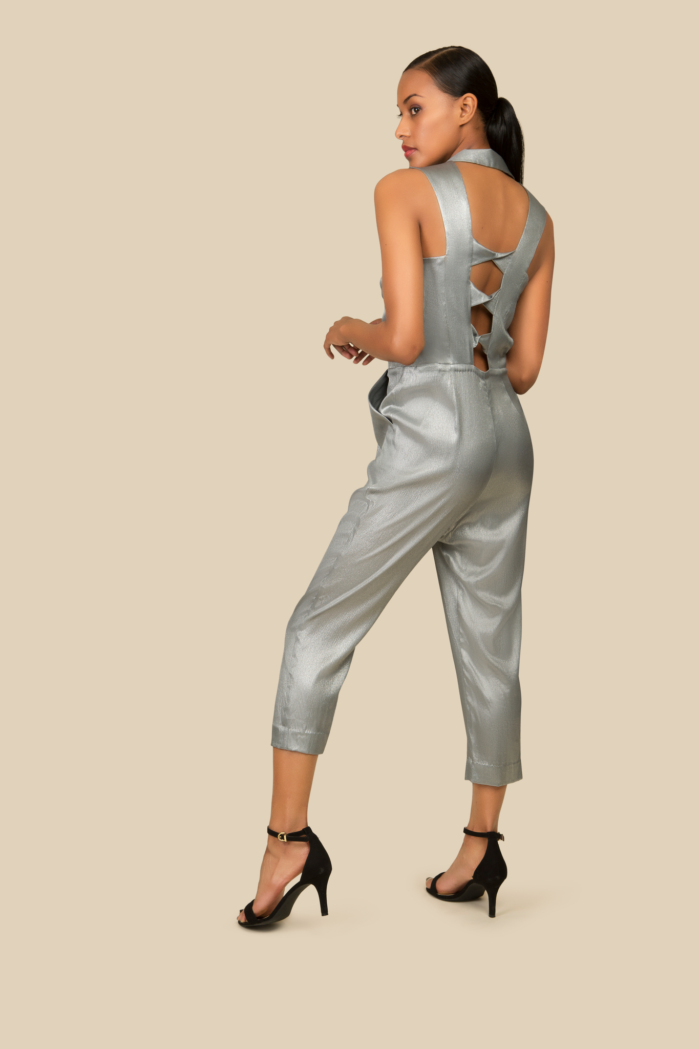 Silver Silk Jumpsuit with front zipper - AGAATI