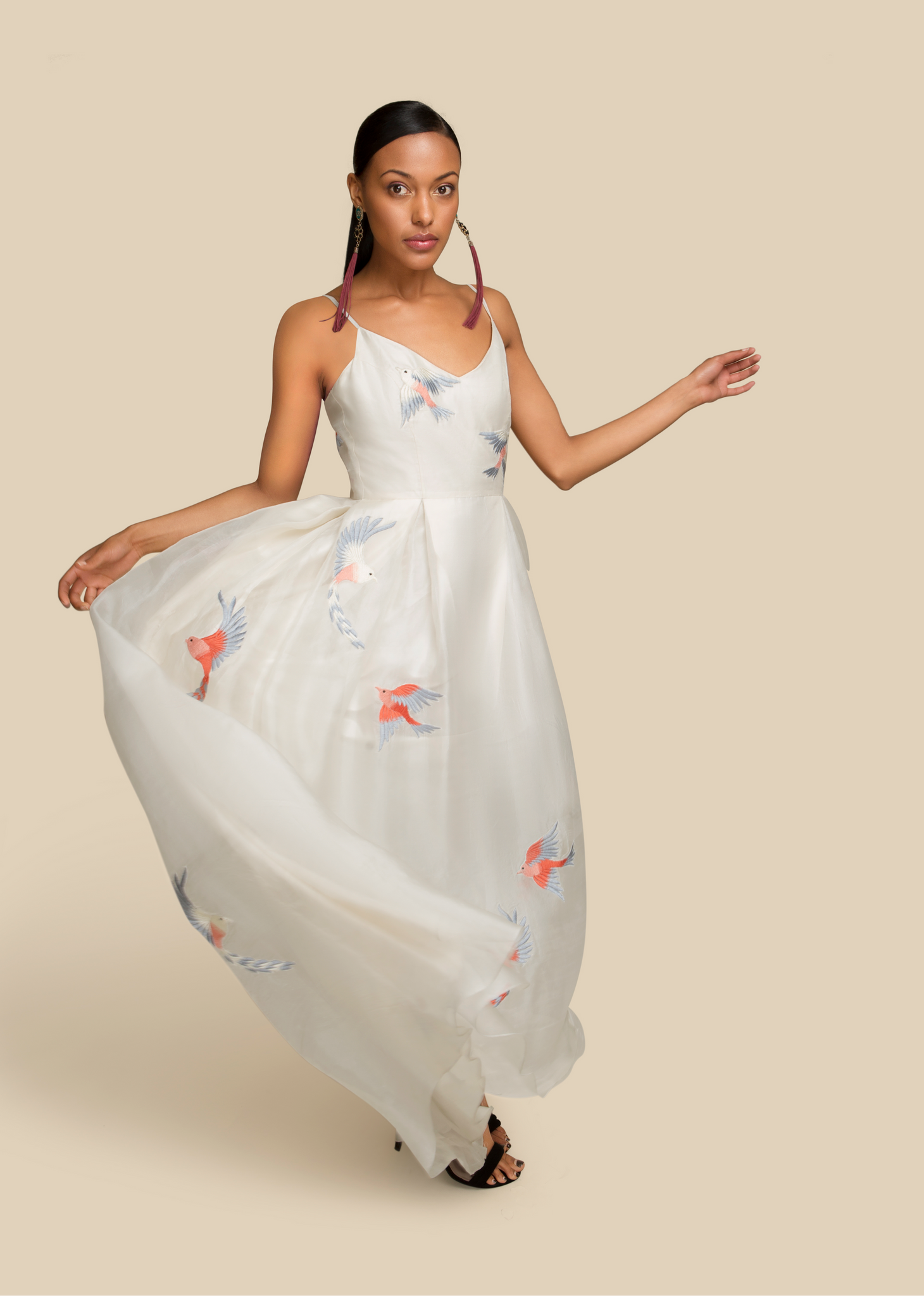 Embroidered Ivory Silk Dress - AGAATI